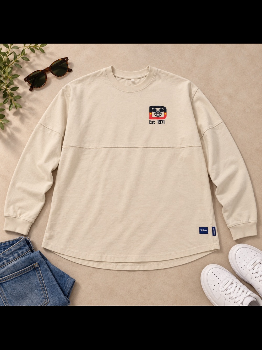 Disney Unisex Long-Sleeve Crewneck Shirt - Cream with Retro Logo